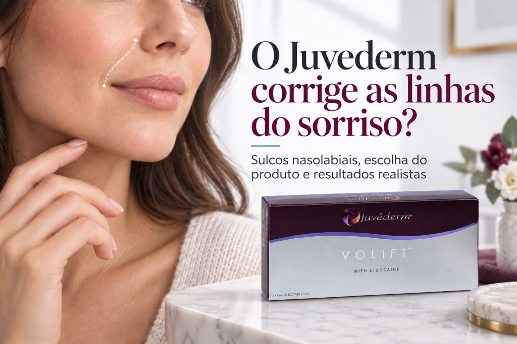 O Juvederm corrige as linhas do sorriso com a embalagem real de Juvederm VOLIFT e a zona nasolabial assinalada