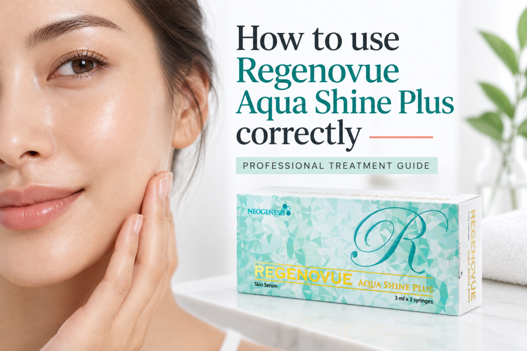 How to use Regenovue Aqua Shine Plus correctly, shown with the verified product box and healthy natural skin