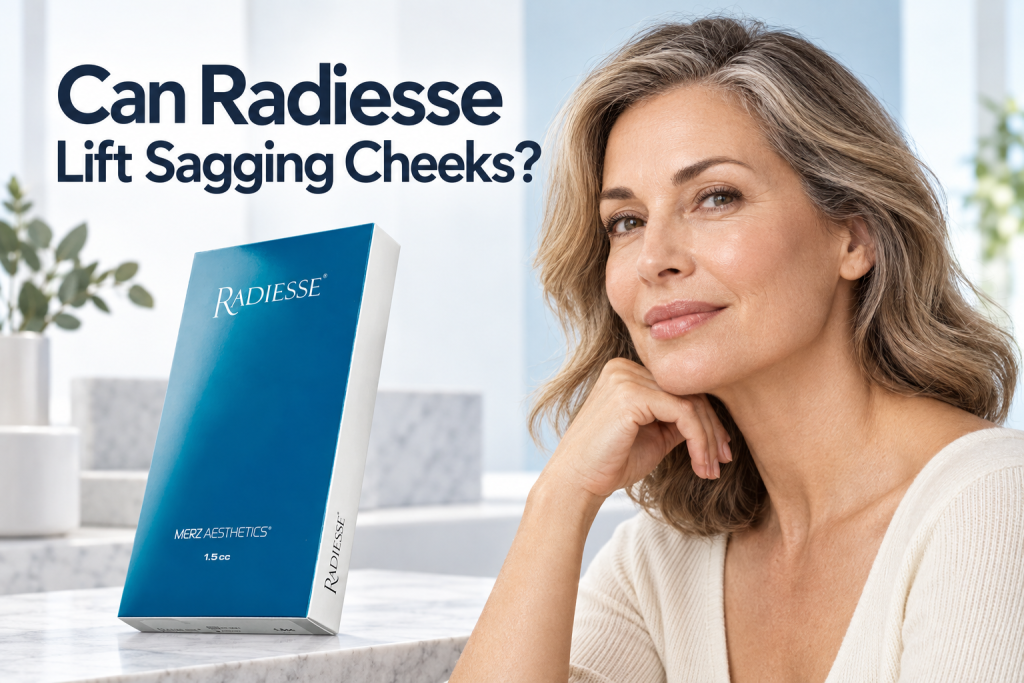 Can Radiesse Lift Sagging Cheeks, shown with the verified Radiesse package and a natural mature cheek contour