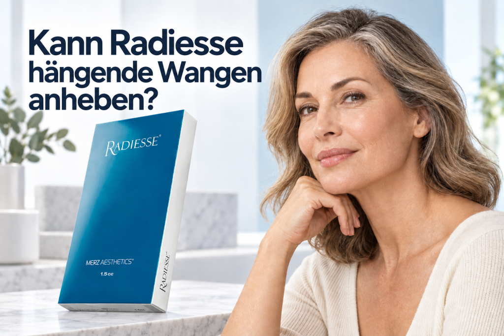 Kann Radiesse hängende Wangen anheben, dargestellt mit der geprüften Radiesse-Packung und einer natürlichen reifen Gesichtskontur