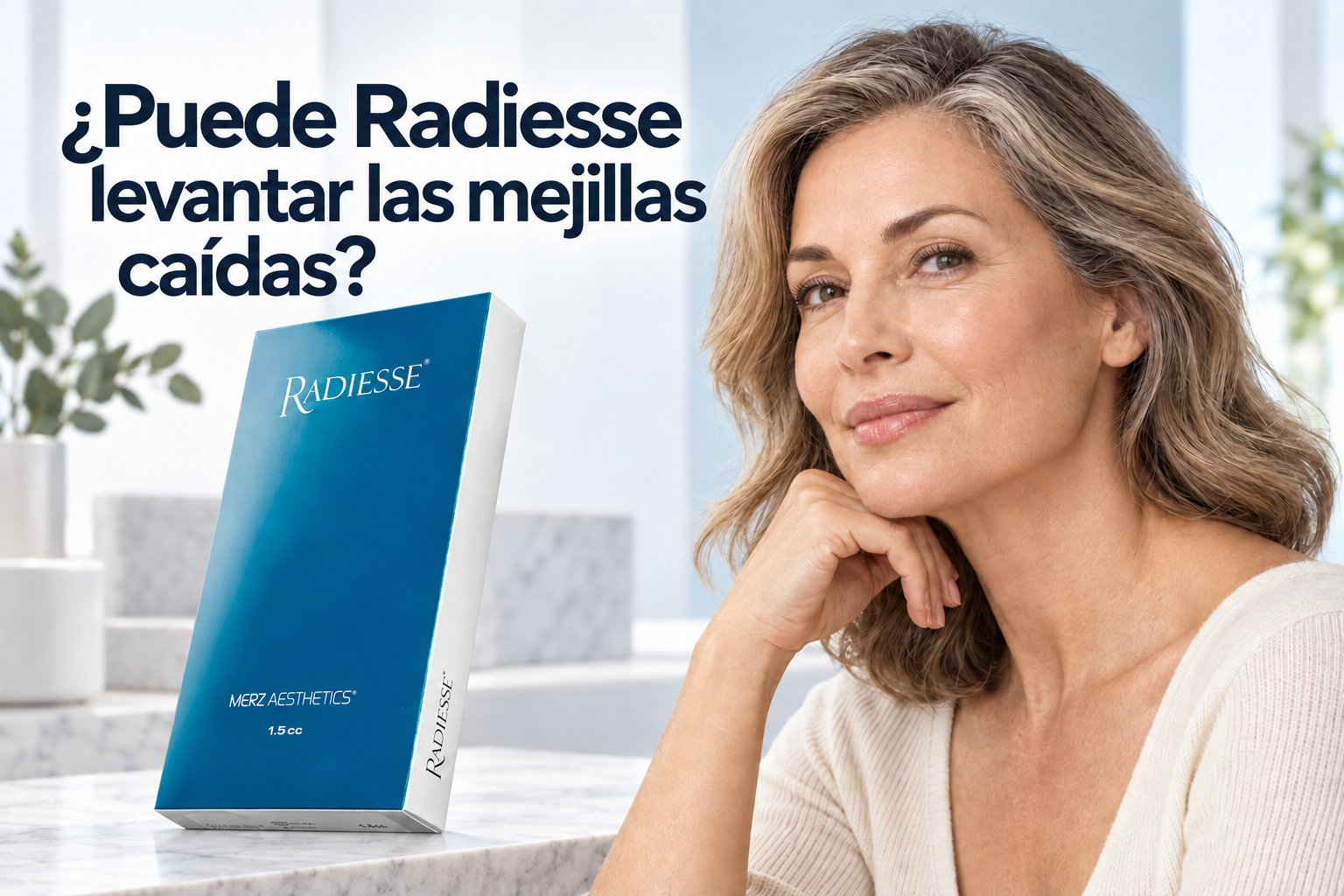 ¿Puede Radiesse levantar las mejillas caídas?, con el envase auténtico de Radiesse y un contorno facial maduro y natural