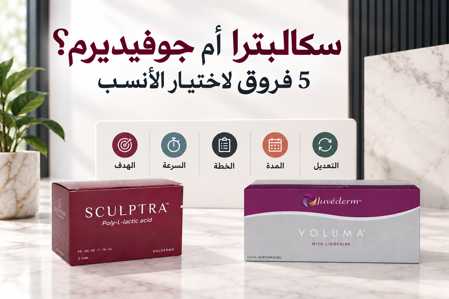 مقارنة سكالبترا وجوفيديرم وفق الهدف وسرعة النتيجة وخطة العلاج والمدة وإمكانات التعديل