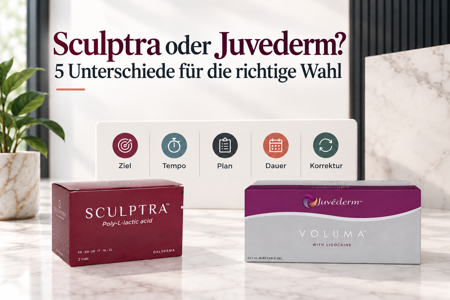 Sculptra oder Juvederm im Vergleich nach Ziel, Wirkungseintritt, Behandlungsplan, Dauer und Korrekturmöglichkeiten