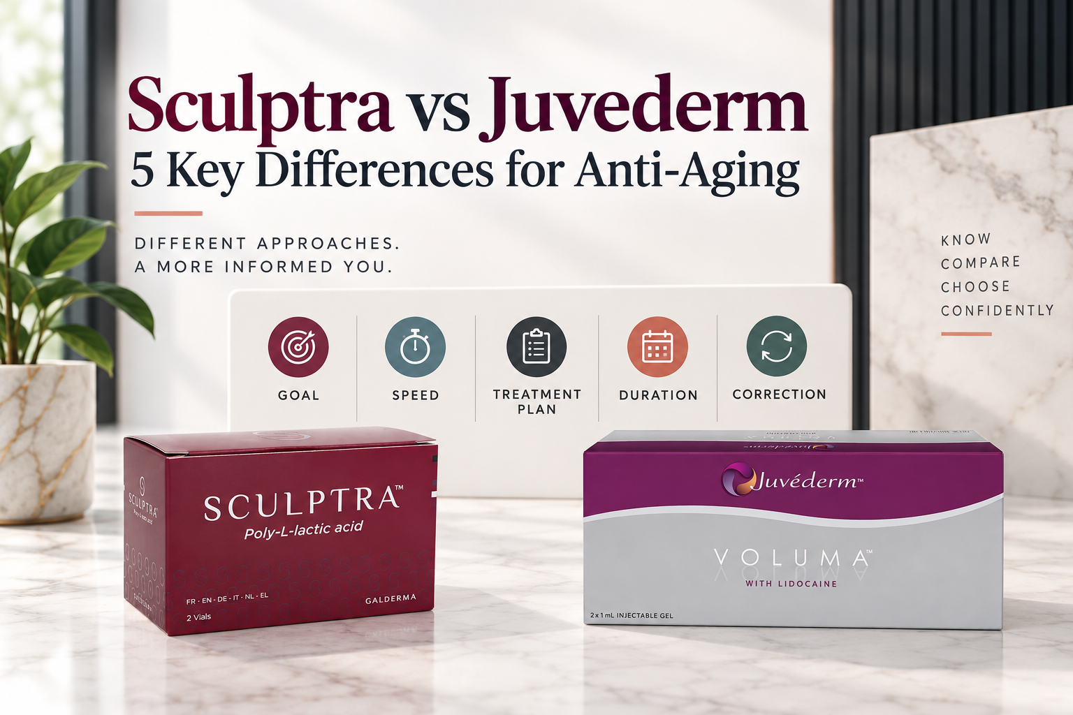 Sculptra versus Juvederm comparison showing five decision points for anti-aging treatment planning