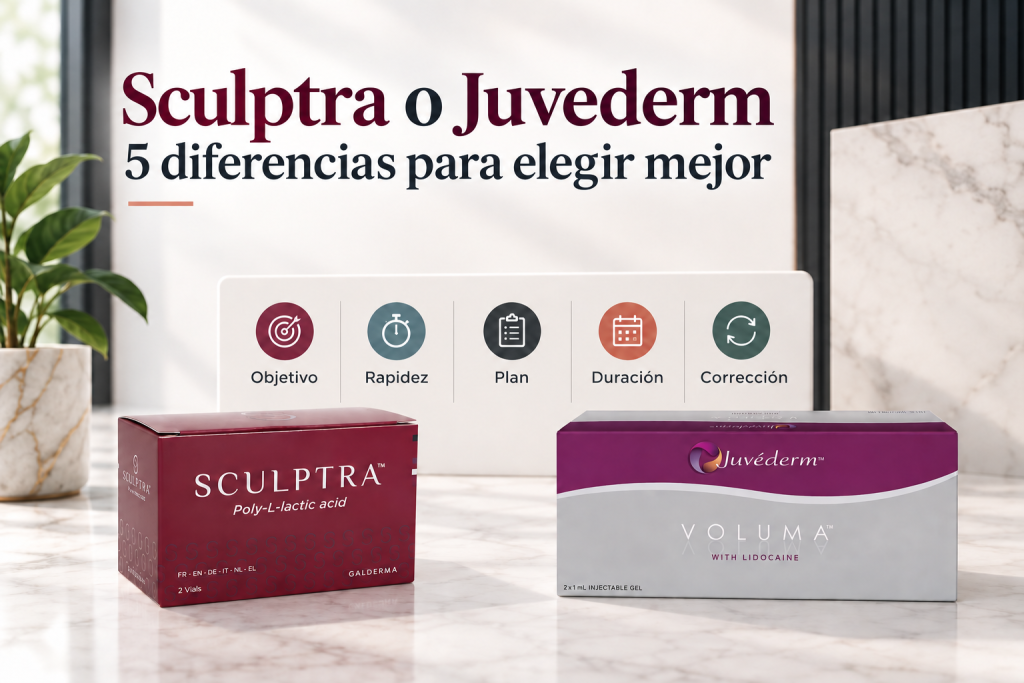 Comparación de Sculptra y Juvederm según objetivo, rapidez, plan de tratamiento, duración y opciones de corrección