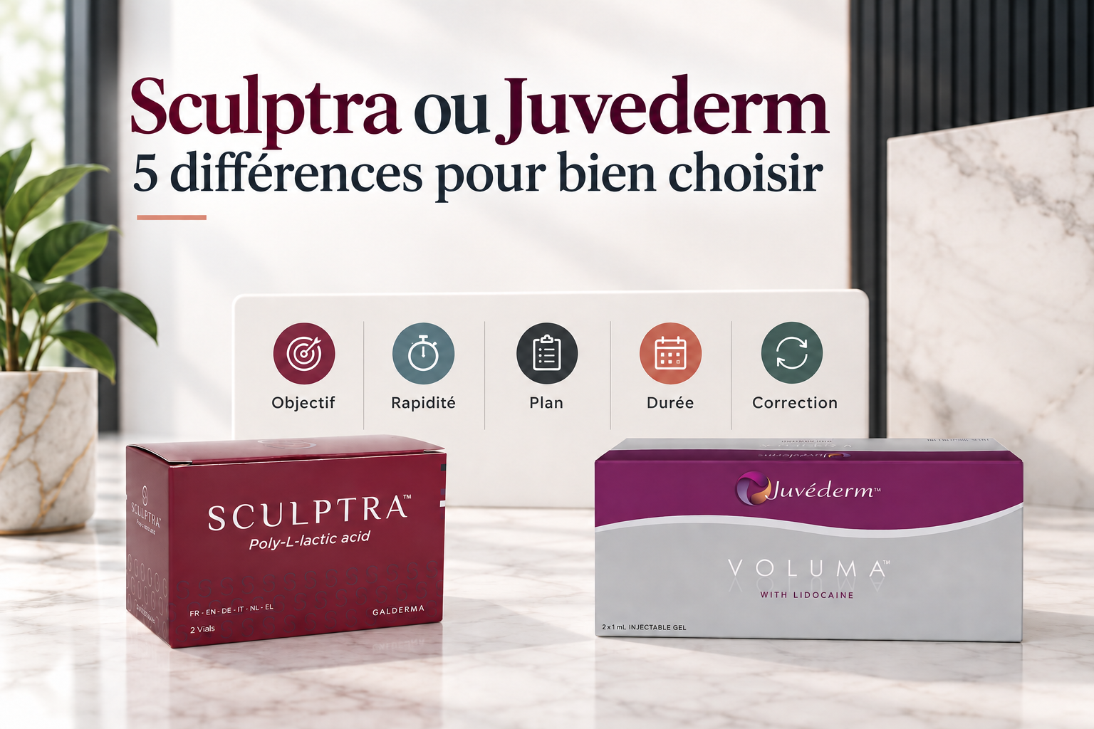 Comparaison Sculptra et Juvederm selon l’objectif, la rapidité, le plan de traitement, la durée et les options de correction
