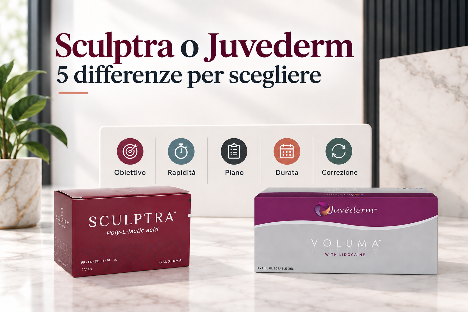 Confronto tra Sculptra e Juvederm per obiettivo, rapidità, piano di trattamento, durata e possibilità di correzione