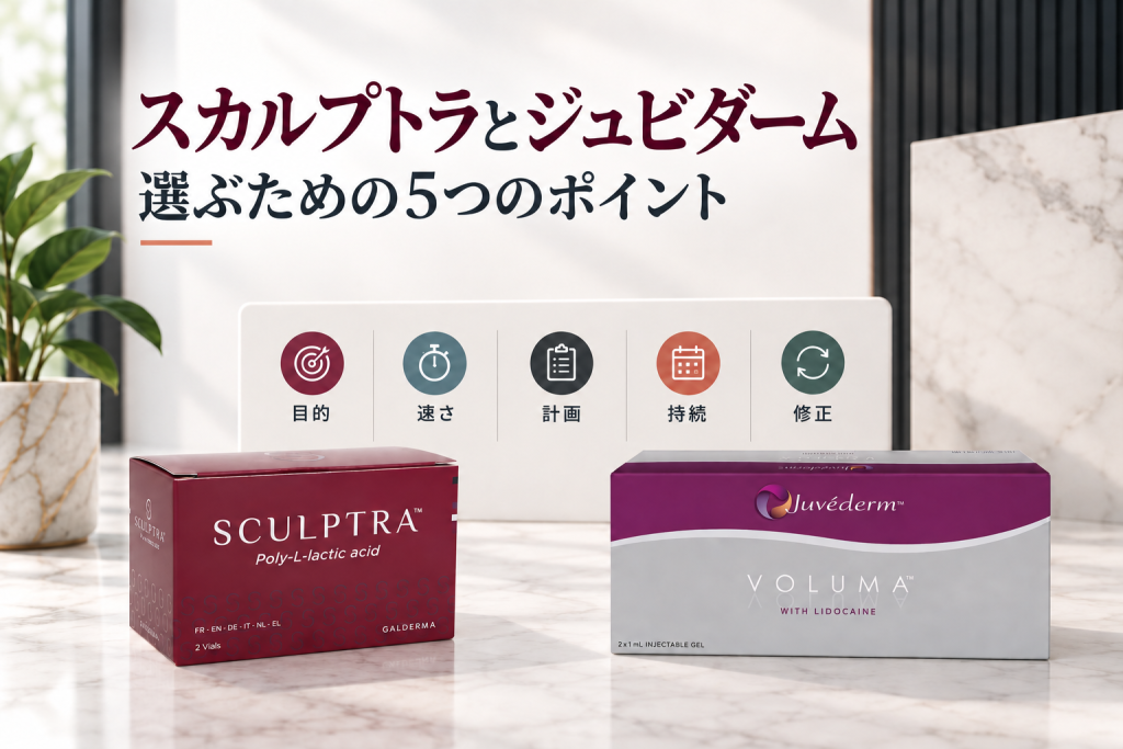 スカルプトラとジュビダームを目的、効果の速さ、治療計画、持続期間、修正方法で比較した画像