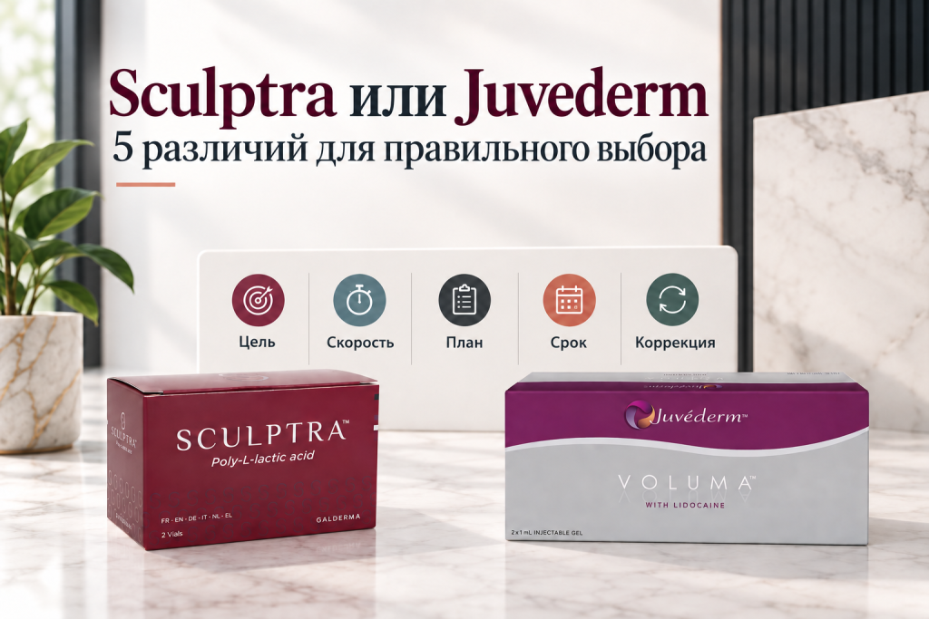 Сравнение Sculptra и Juvederm по цели, скорости результата, плану лечения, длительности и возможностям коррекции