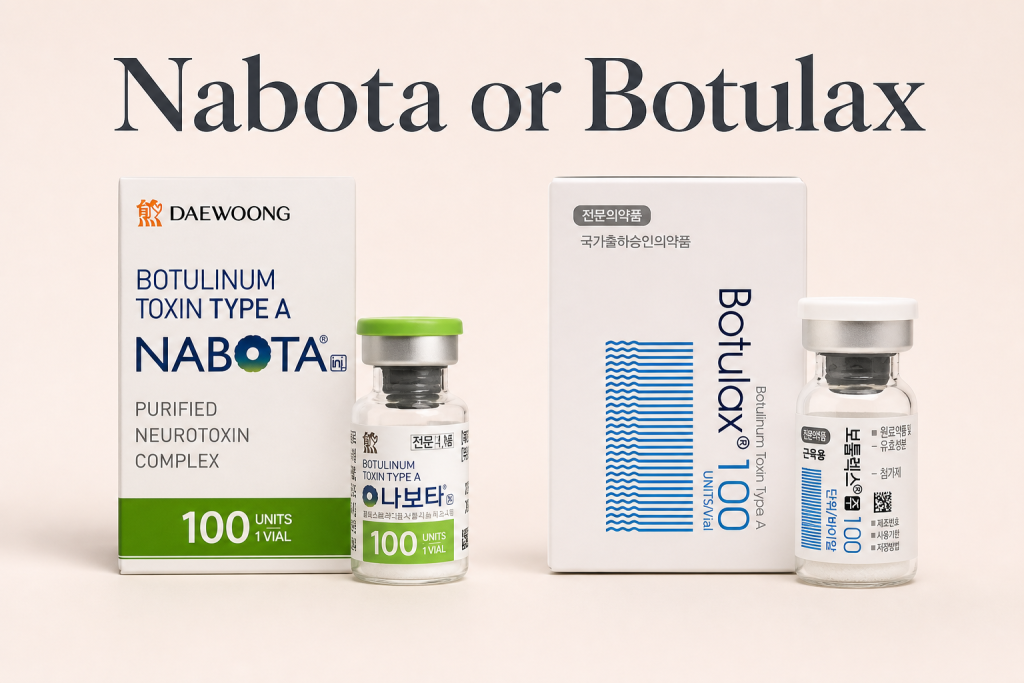 Nabota 100U vacuum-dried Daewoong pack beside Botulax 100U freeze-dried Hugel pack — duration comparison for clinic buyers