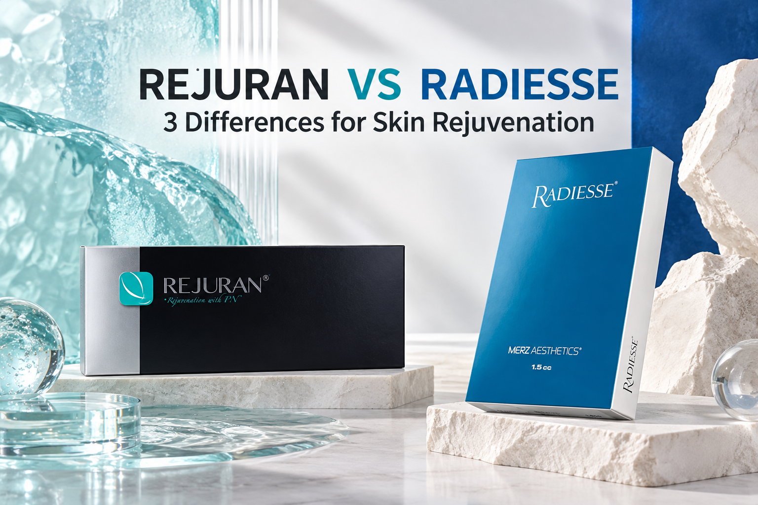 Rejuran Black Healer and Radiesse product boxes in an integrated comparison image titled Rejuran vs Radiesse: 3 Differences for Skin Rejuvenation