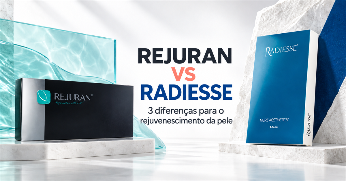 Rejuran Black Healer e Radiesse em uma imagem comparativa integrada com o título 3 diferenças para o rejuvenescimento da pele