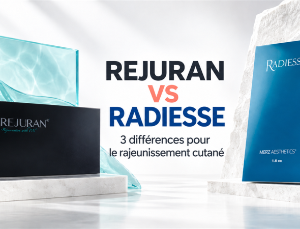 Rejuran Black Healer et Radiesse dans un visuel comparatif intégré intitulé 3 différences pour le rajeunissement cutané